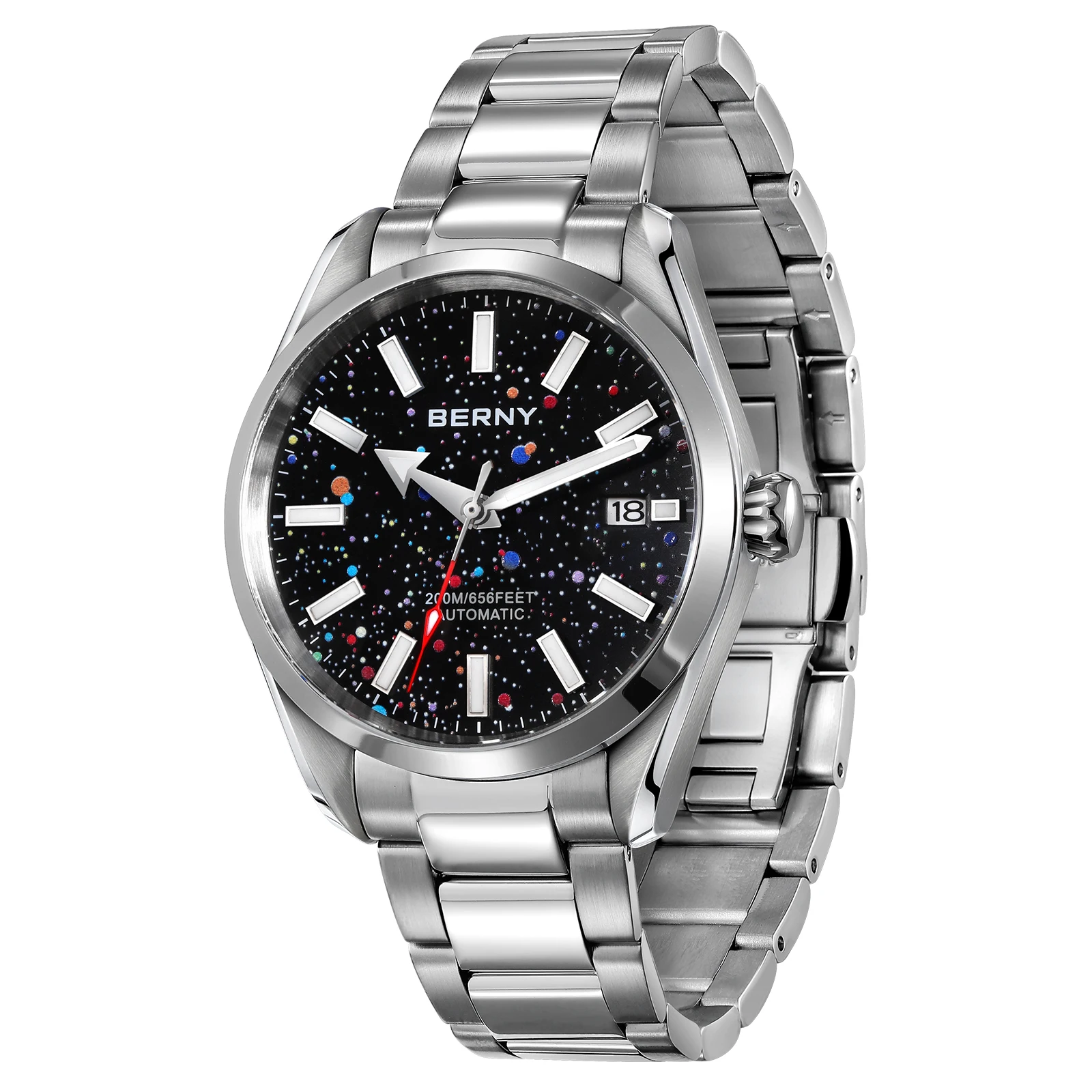 

BERNY 20ATM автоматические мужские часы с сапфировым стеклом AR дата день стрелка руки ужин светящийся плавание красочный звездное небо циферблат мужские часы