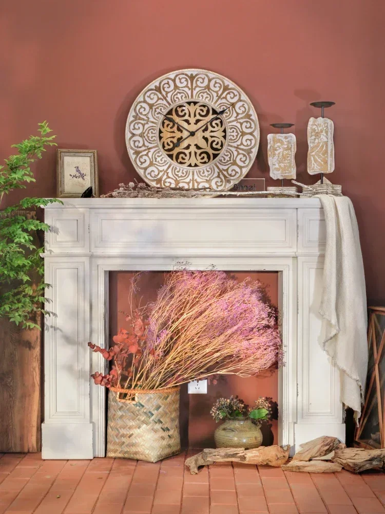 

Solid wood relief fireplace frame decoration European style villa homestay creative retro storage rack