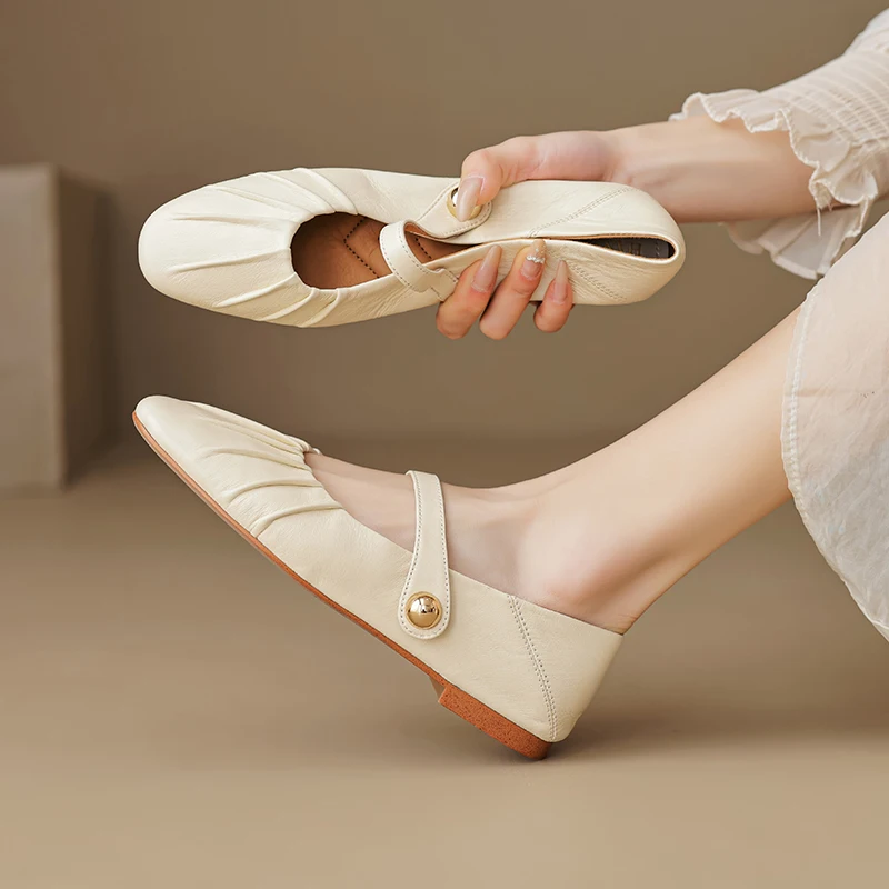 

Woman Simple Shoes Real Leather Sheepskin Women Spring Flats Round Toe Mary Jane Girls Cozy Daily Wear Height Increasing Shoes