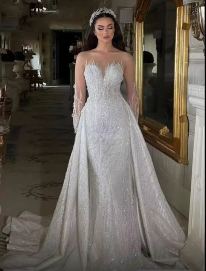 Alonlivn Exquisite Bling Embroidery Lace Wedding Dresses Full Sleeves Beading Crystals Sequined  V-Neck Vestido De Noiva