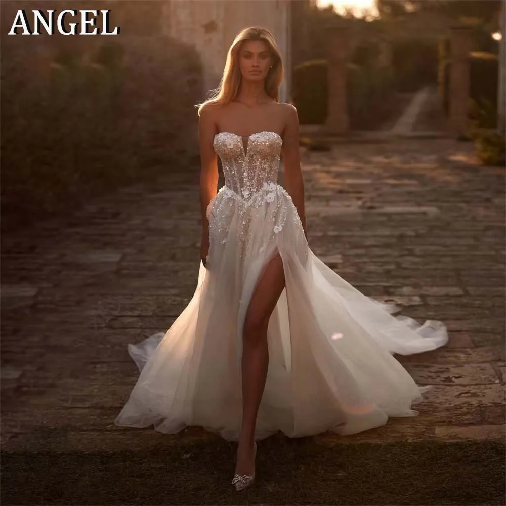 

ANGEL Customized Luxury Wedding Dress Sweetheart Corset Appliques Sequin Flower A-Line Sweep Train High Side Split Bridal Gowns