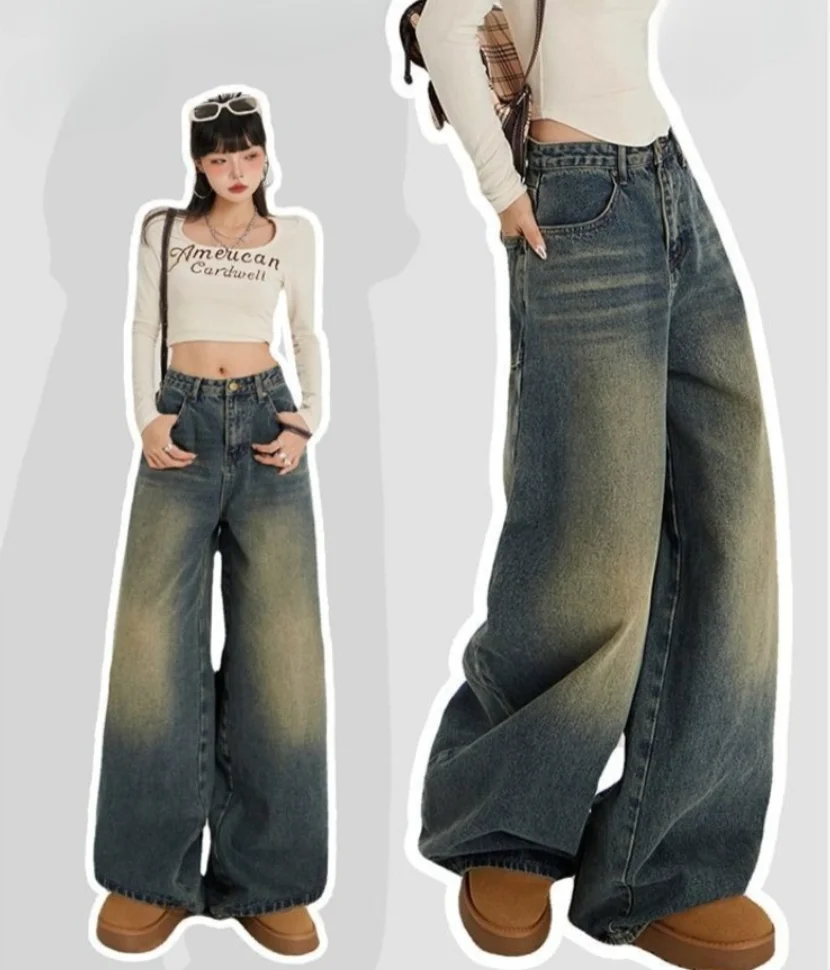 Goth Vintage Streetwear Wide Leg Jeans Baggy Jeans Women Hip Hop High Waist Denim Pants Trouser Y2k Loose Gradient Color