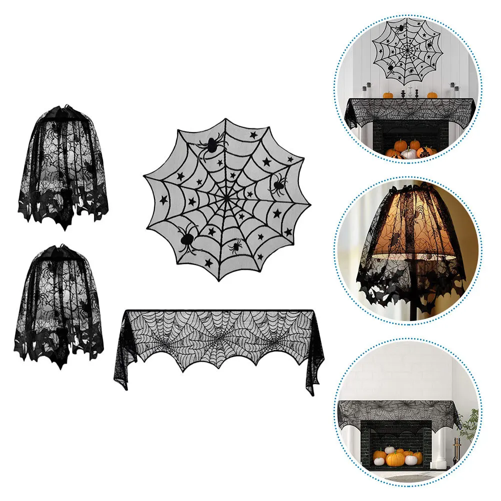 

4Pcs Halloween Spider Web Lace Fireplace Cloth Tablecloth Lampshade Set Black Washable Halloween Scene Decor