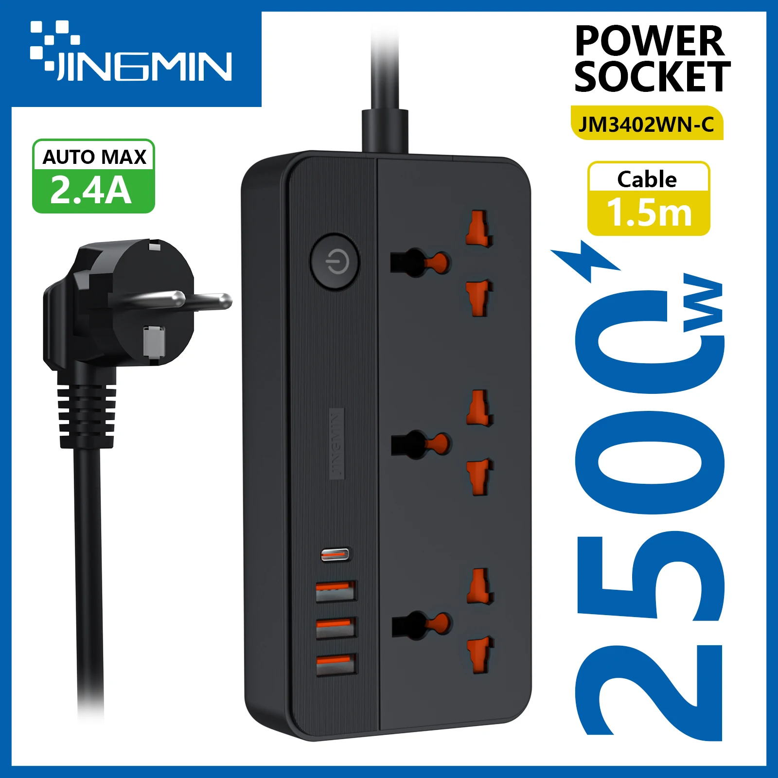 

Power Multi Tap Universal Plug EU Outlet Power Strip with 1.5m Extension Cord AC Type C USB Port Charge Electrical Socket