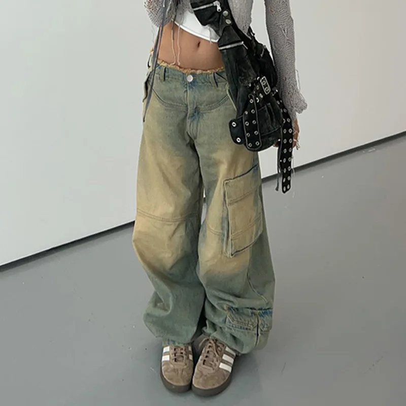 

Y2k Tie Dye Cargo Jeans Big Pockets Low Waisted Baggy Trousers Women Streetwear Korean Fashion 2000S Pants Aesthetic