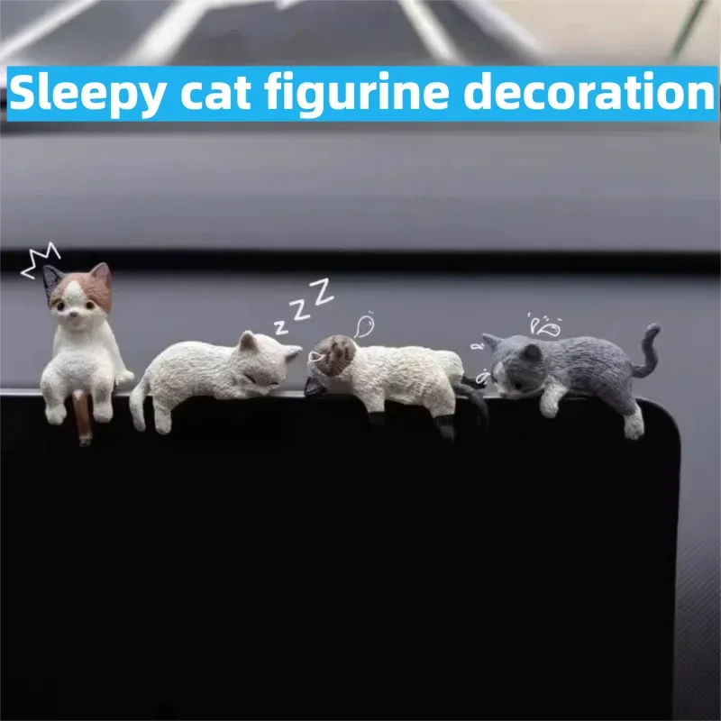 1/4 Peças Acessório Divertido para Carro: Gatos Dormindo em PVC para Console Central, Tela do Navegador e Retrovisor - Enfeite Decorativo e Estatueta Automotiva