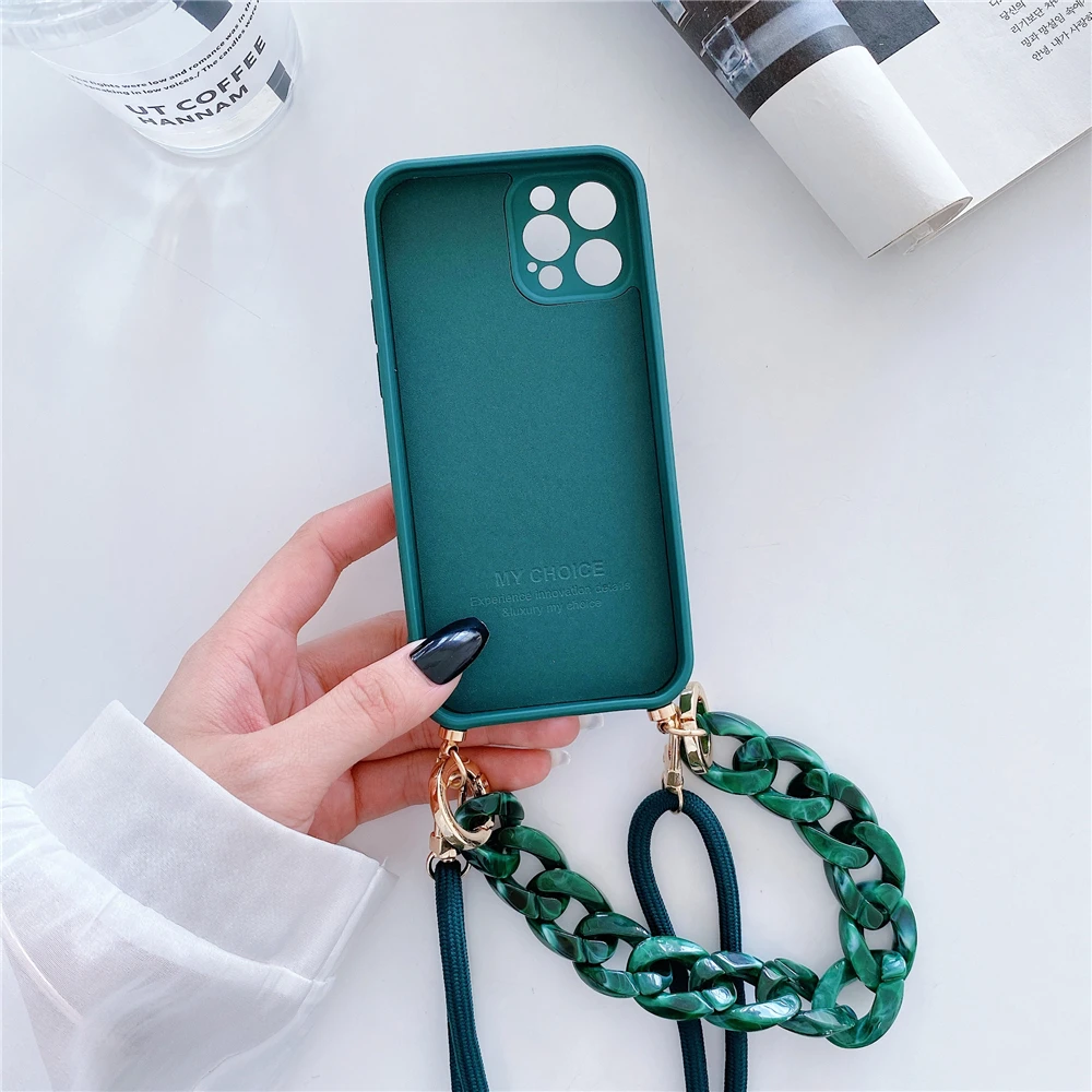 Luxury Marble Chain Liquid Silicone Phone Case For iPhone 15 16 Pro Max 14 13 12 11 XS X 7 8 Plus Crossbody Lanyard Strap Cover