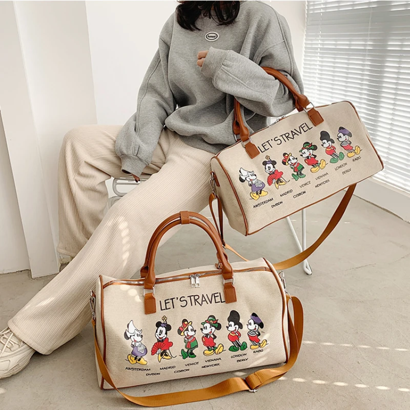 Disney Mickey Mouse Canvas Travel Tote Bags Large Capacity Portable Storage Bag Cute Cartoon Fashion Luxury Women\'s Shoulder Bag