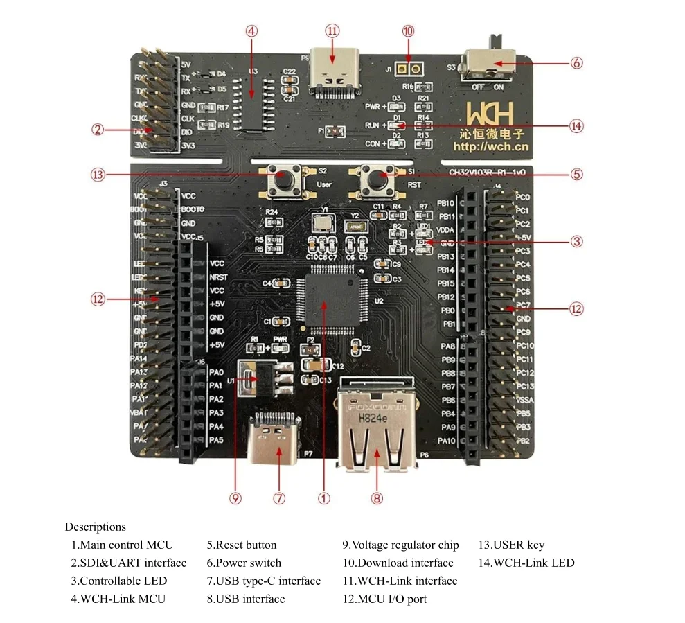 CH32V103 Development Board Onboard WCH-LINK Debugger, CH32V103R8T6-EVT-R1 Evaluation Board