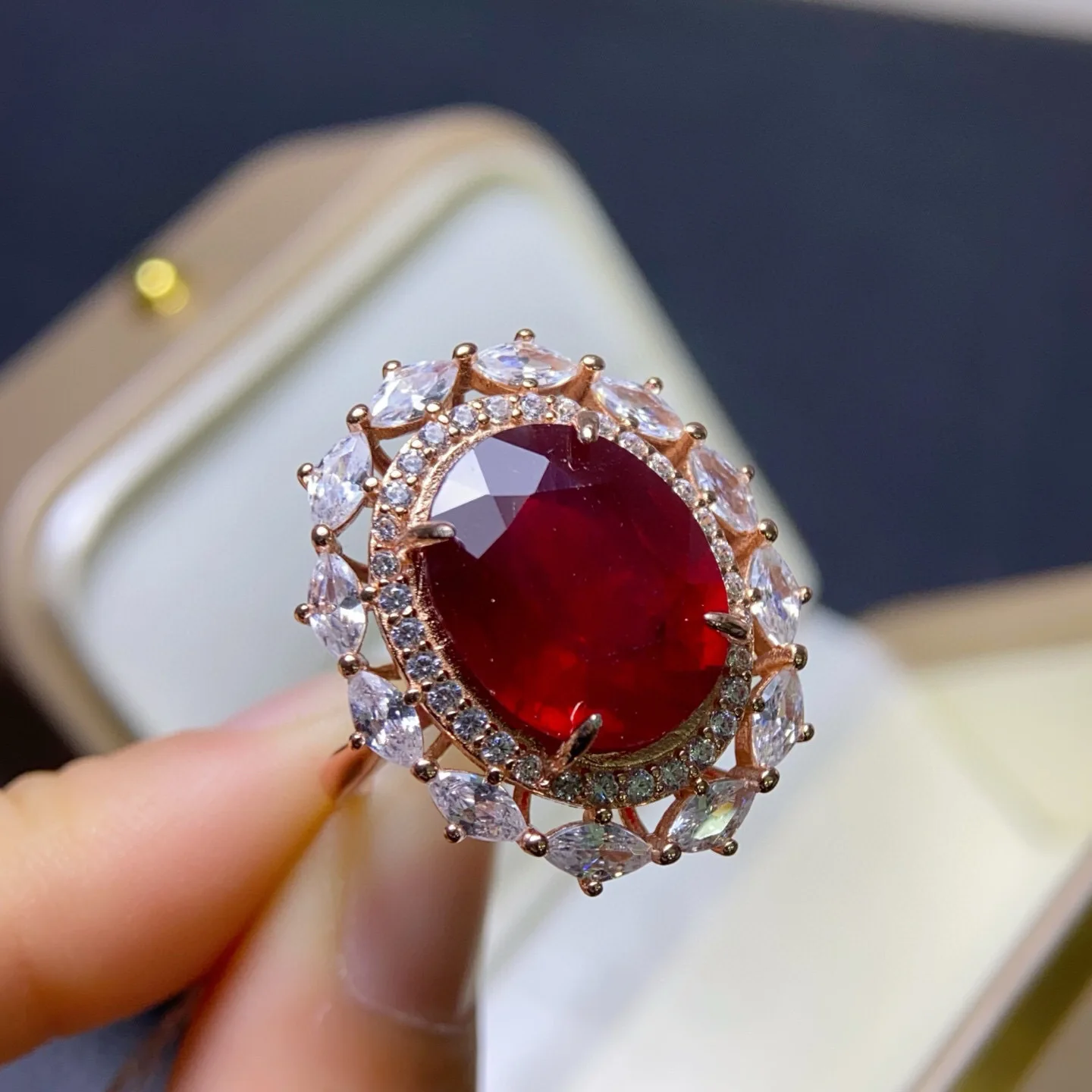Heated Ruby Statement Ring 12x15mm Main Stone 925 Sterling Silver Fine Crafted Halo Setting Cocktail Ring for Women