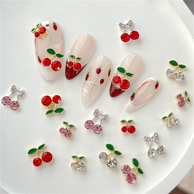 

Clear Red Pink Crystal Cherry Flowers Pearl Rhinestones Alloy Accessories Charms Nail Art Decorations Manicure Jewelry Wholesale