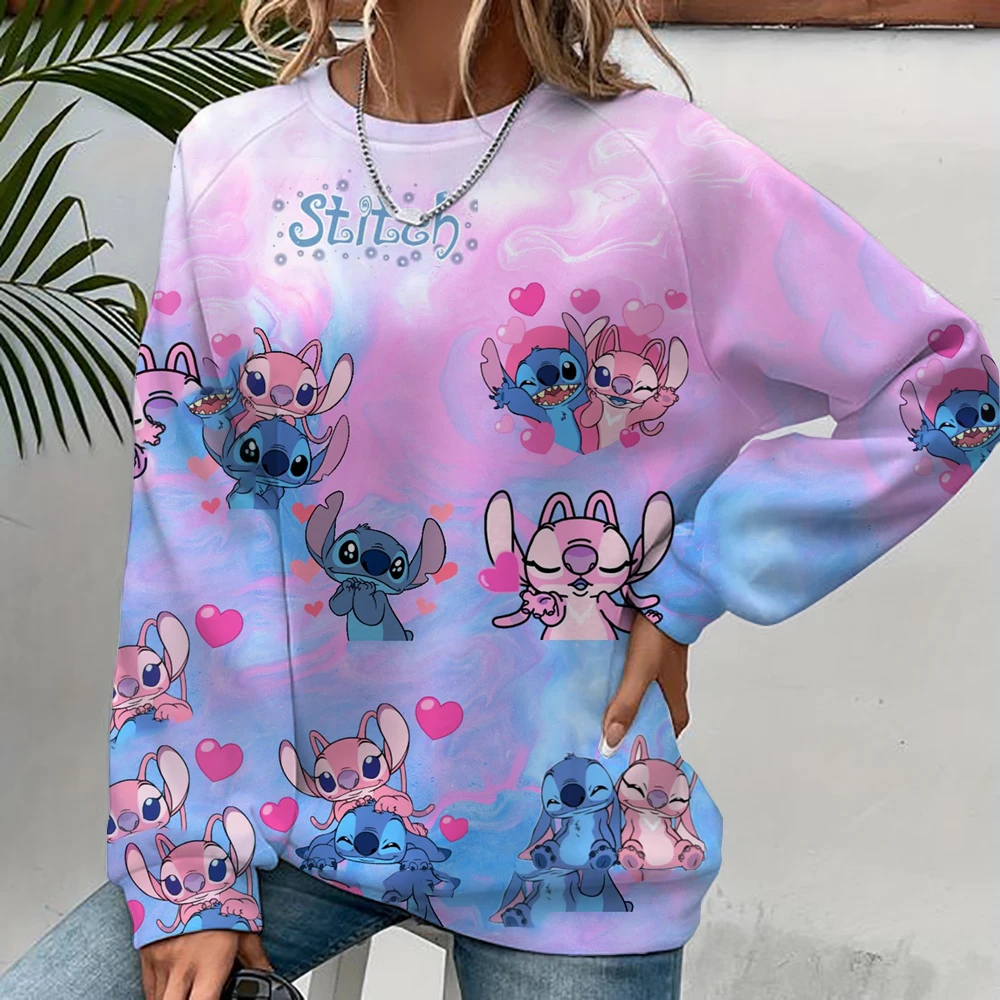 Hoodie Women\'s O-Neck Y2k Sudaderas Fashion Disney Stitch Lilo print Hoodies Girl Long Sleeve Pullovers Flower Trend Sweatshirts