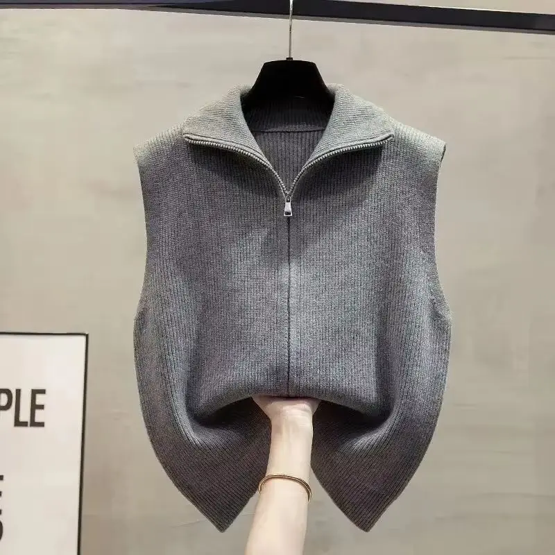 Double Zipper Vest Women Sweater Autumn Sleeveless Sweater Vest Stand Collar Solid Color Outside The Western Style Vest Female