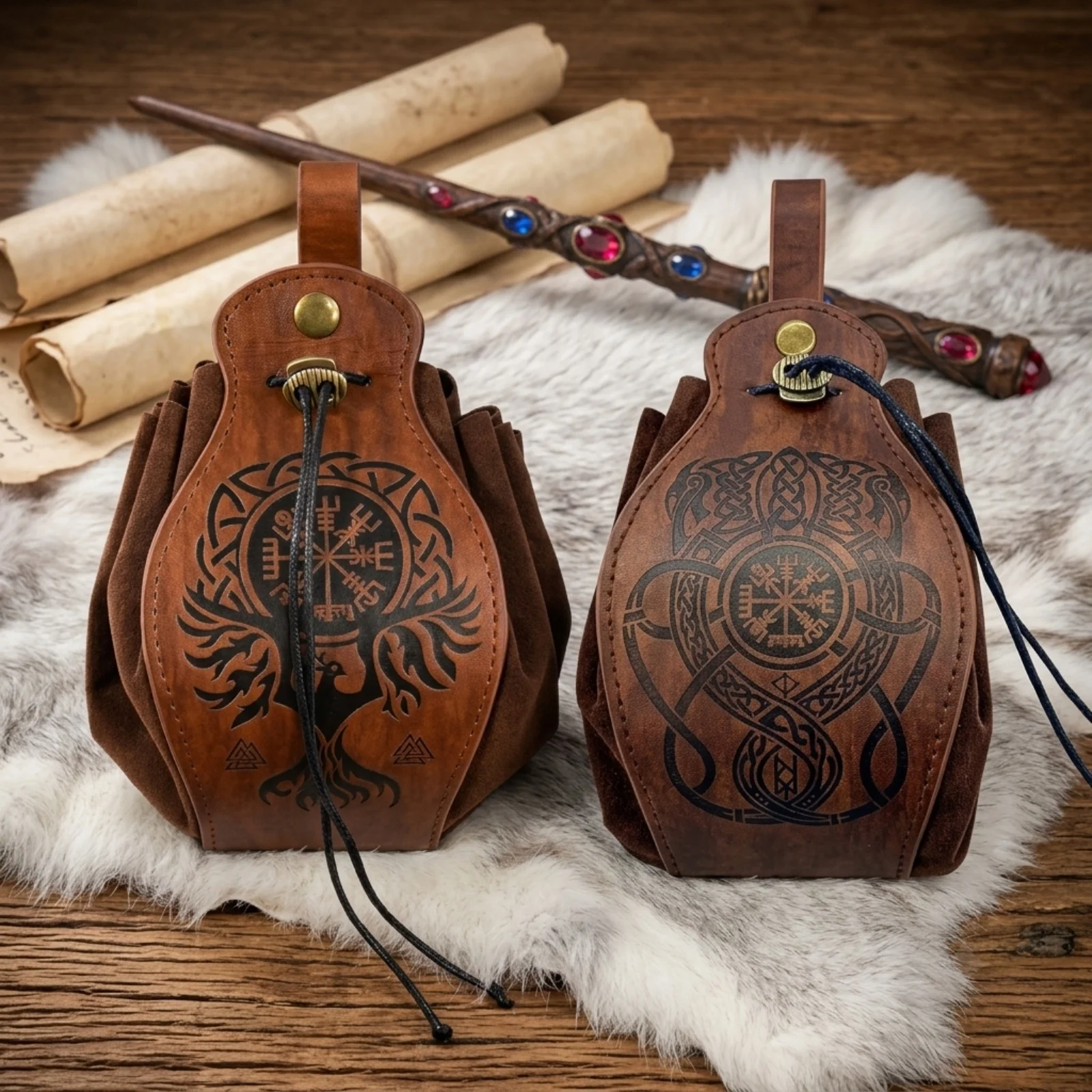 Medieval Viking Style Vintage PU Leather Waist Bag Unisex  Portable Drawstring Coin Purse Cosplay Props