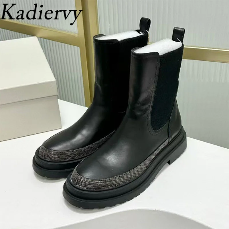 New Flat Motorcycle Boots Woman Round Toe Slip-on Ankle Boots String Bead Thick Sole Shoes Woman Suede Leather Short Boots Woman