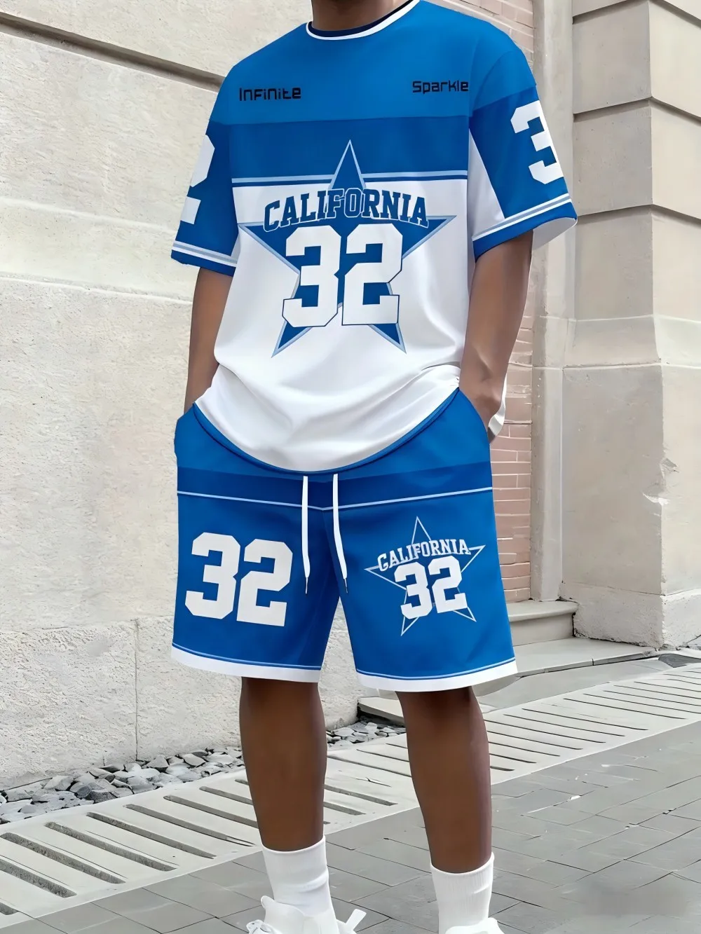 

American summer men's letter printed comfortable and breathable round neck T-shirt drawstring shorts set for outdoor casual wear