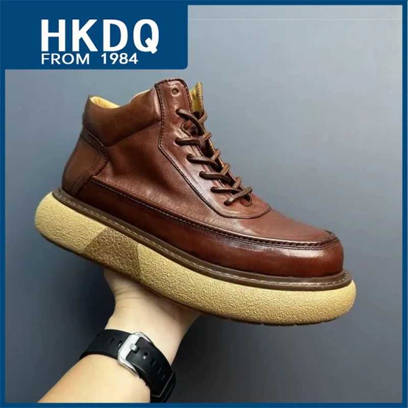 HKDQ British Style High Top Leather Boots Man Fashion Casual Platform Boots Men Original Comfortable Lace-up Men's Winter Boots