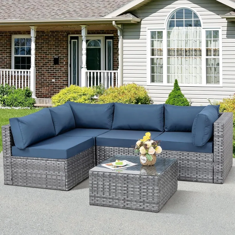 5pcs Patio Outdoor Furniture Sets Conversation Set,Low Back All-Weather Rattan Sectional Sofa with Tea Table&Washable Couch