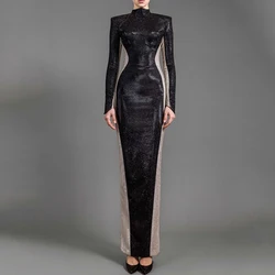 Chic Shiny Two Color Evening Dress Elegant High Neck Long Sleeve Straight Floor Length Sheath Back Slit Women Customized Gown