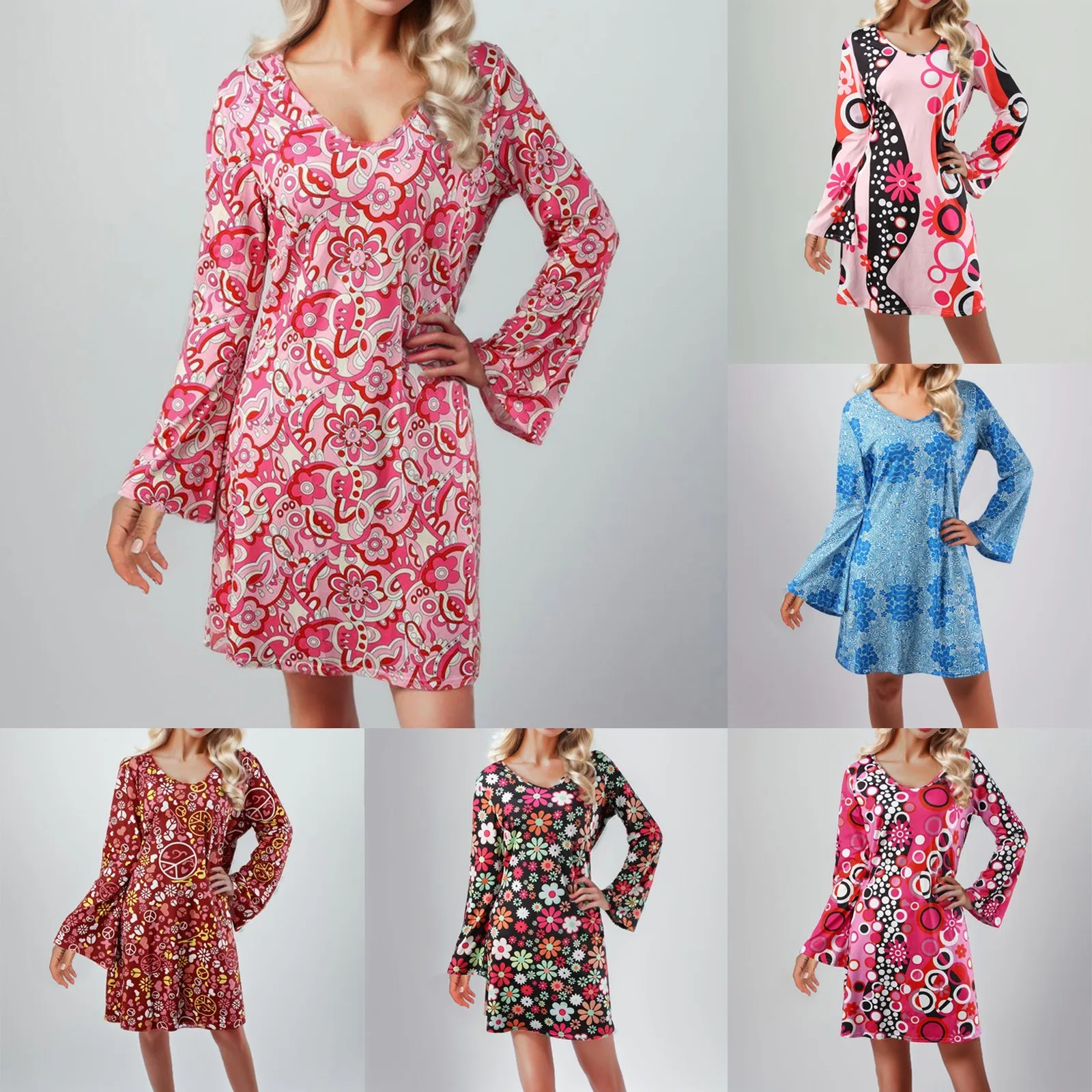 2025 Women Summer Dress With Headband Floral Print V-neck Flared Long Sleeve Party Dress Hippie Clothes Accessories Jewelry