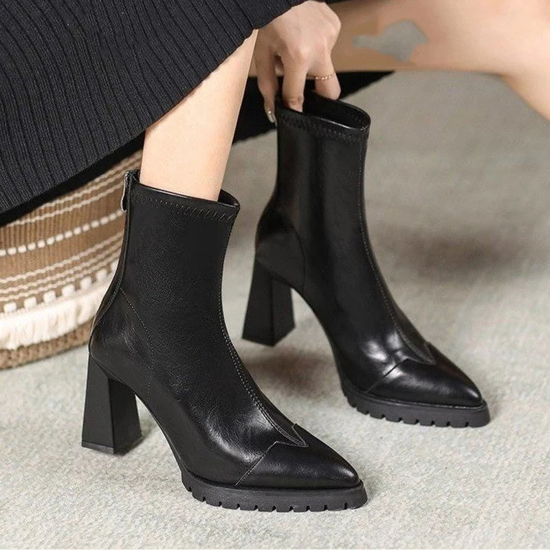 أشار تو النساء حذاء من الجلد عالية الكعب أحذية مثيرة شتاء 2025 ماركة مضخات مكتنزة أحذية بوت قصيرة البريدي تشيلسي الأحذية Mujer Zapatos #2