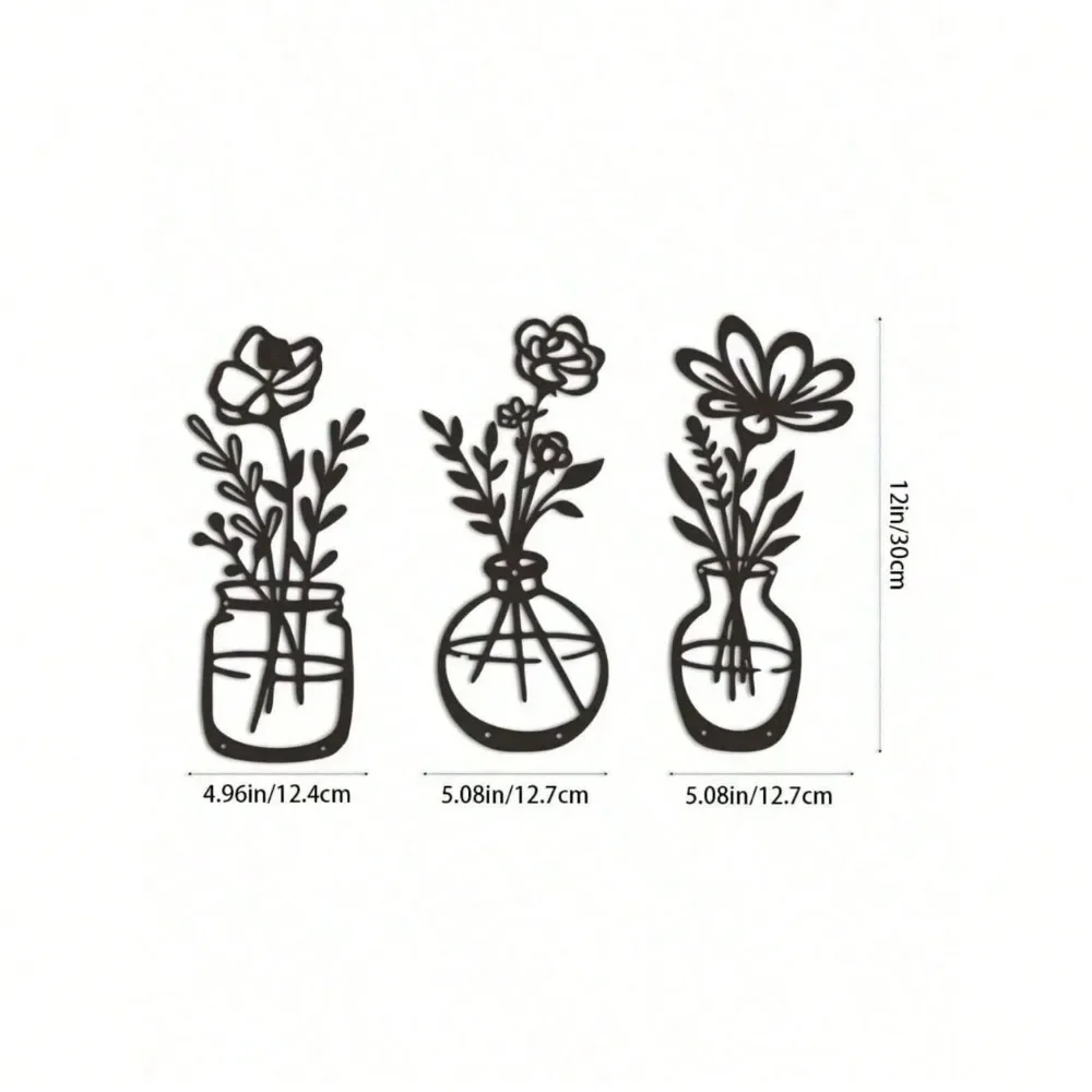 CIFbuy Modern Black Metal Wall Decor with Vase, 3-Piece Flower Wall Art for Living Room, Waterproof Rustproof Home Decor
