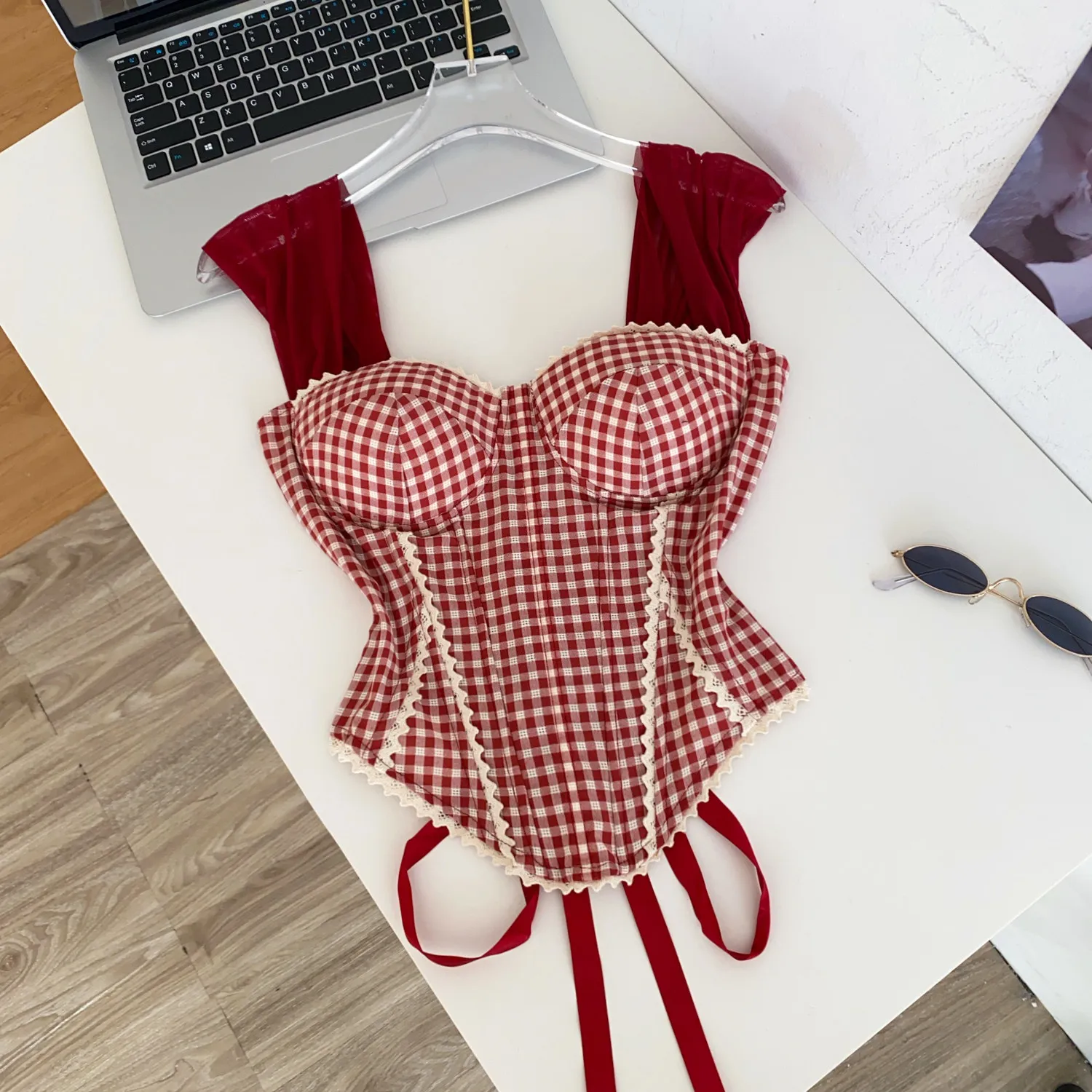 vintage Plaid Spliced Outer Wear Camis Sexy Fashion Tank Top Slim Corset Bustier Summer Women Party Crop Top