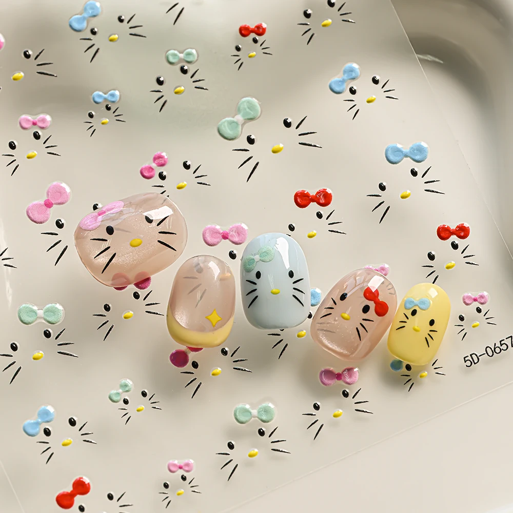 1 Uds. 5D macarrones arco gatito gato Kawaii pegatinas de uñas multi-expresión dibujos animados KITTY pegatina de uñas autoadhesiva colorida KT Slider