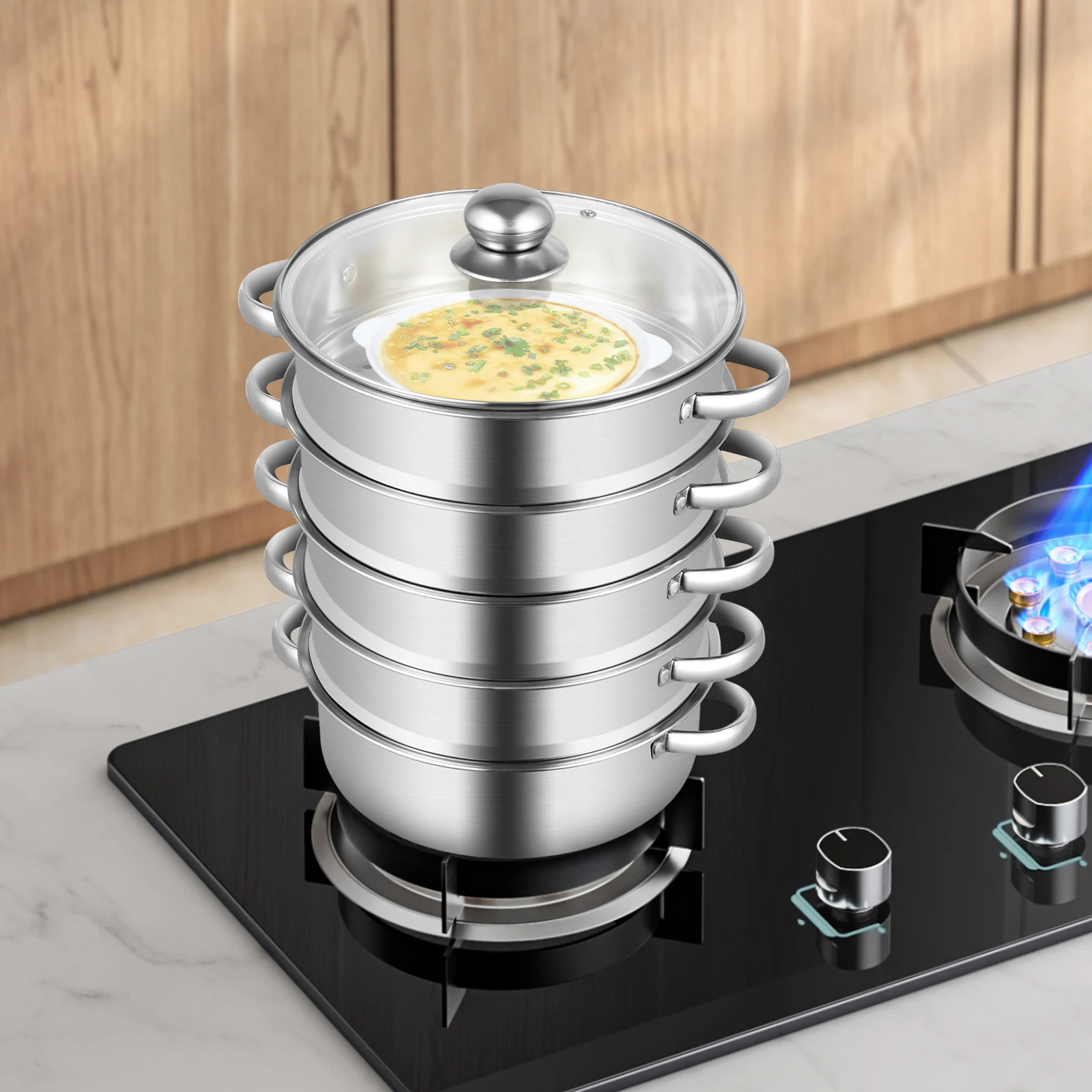 

26cm 5-Layer Stainless Steel Steamer, Multi-functional Steam Cooker Fits Induction/Gas/Electric Stoves 42cm Total Height