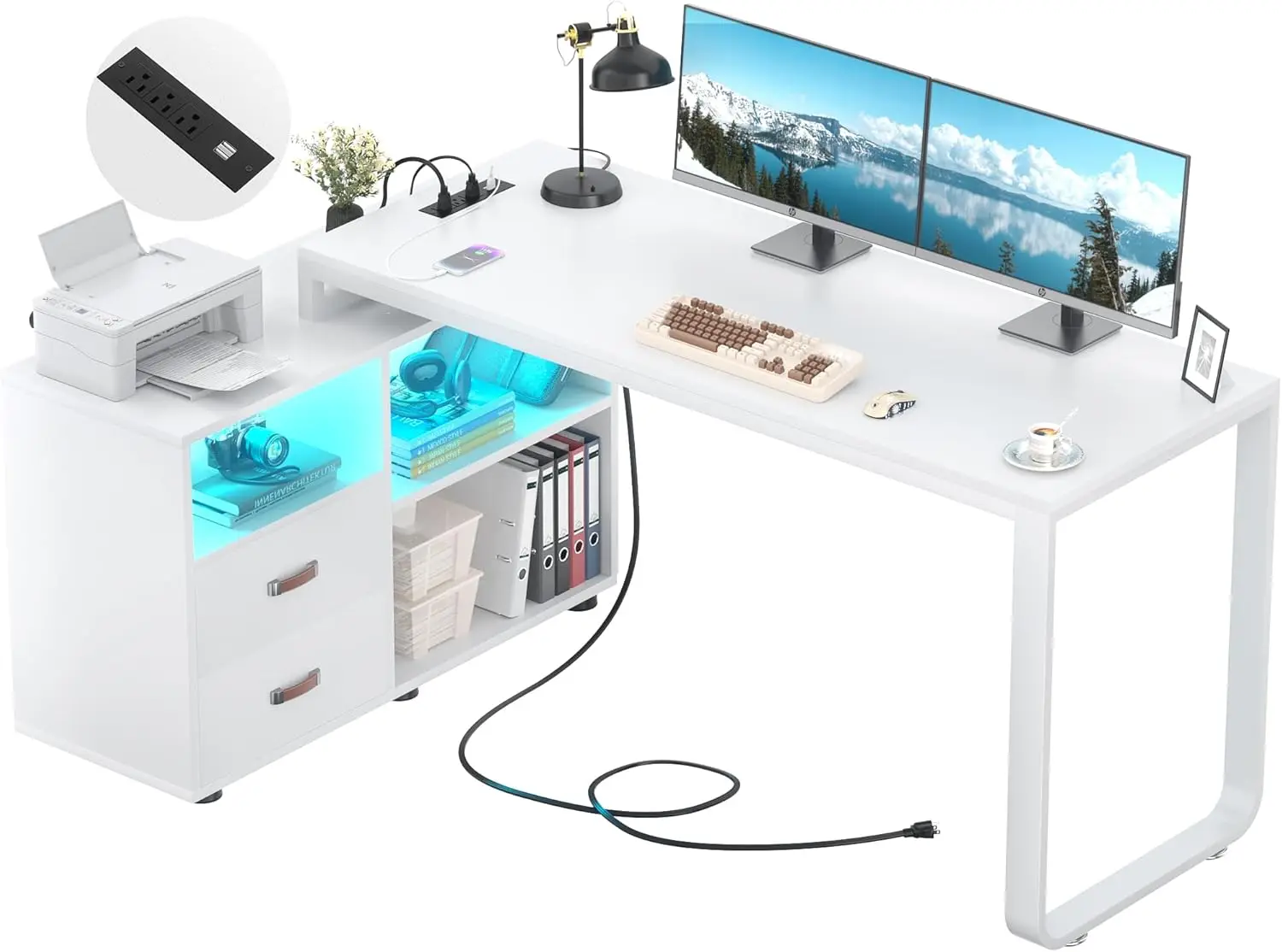 Homieasy-L Shaped Desk com armário de arquivo e tomada, reversível canto grande, mesas de computador com LED Strip, 55 pol