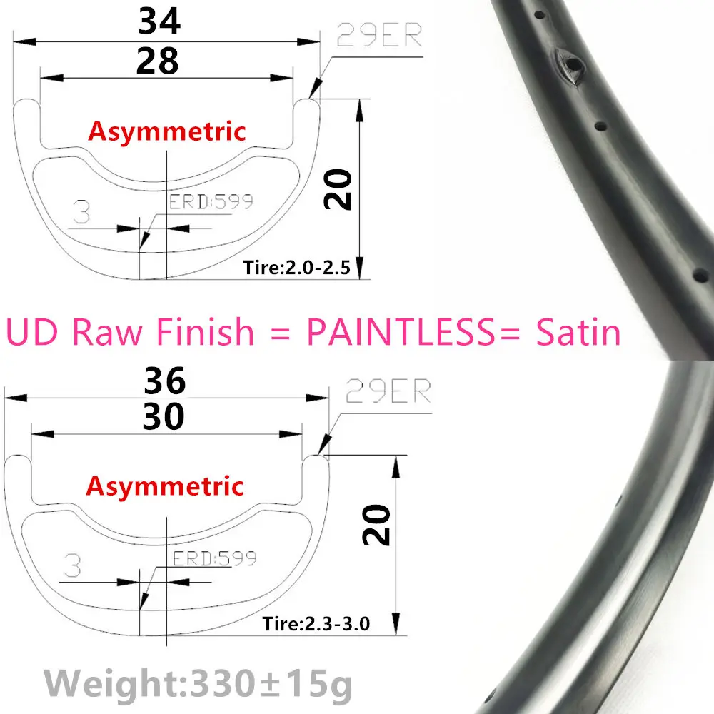 29er UD Raw Finish PAINTLESS Satin Asymmetric 330g 28mm 30mm internal Width XC 29er Carbon mtb rims Tubeless mtb rims