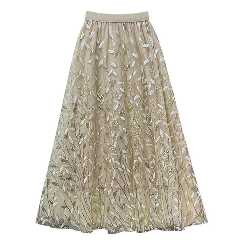 

2025 New Spring Summer Women High Waist Slim Long Skirt High Quality Fashion Sequined Embroidery Big Hem Mesh Tulle Skirt