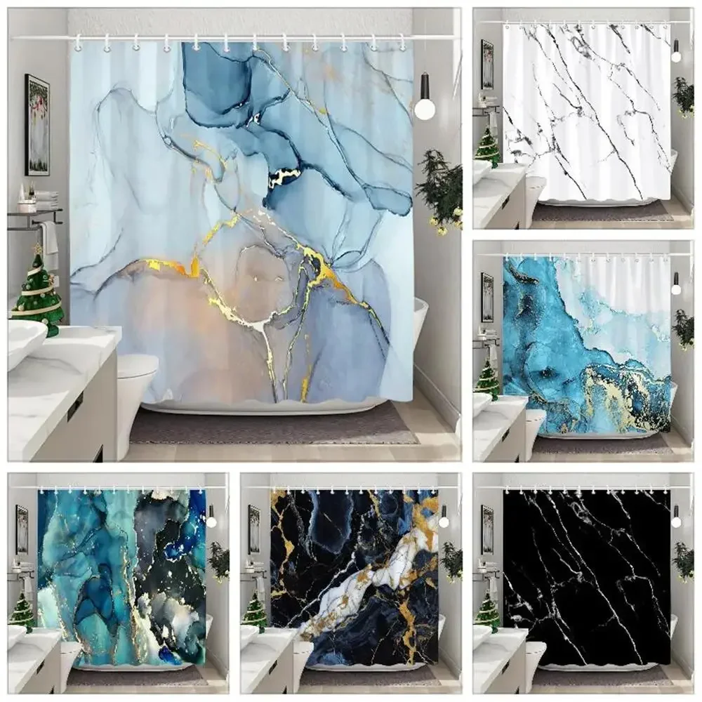 Blau Gold strukturierter Marmor Duschvorhang Schwarz Weiß Natürliches Kunstmuster Polyester Stoff Waschbar Duschvorhang Badezimmer Dezember