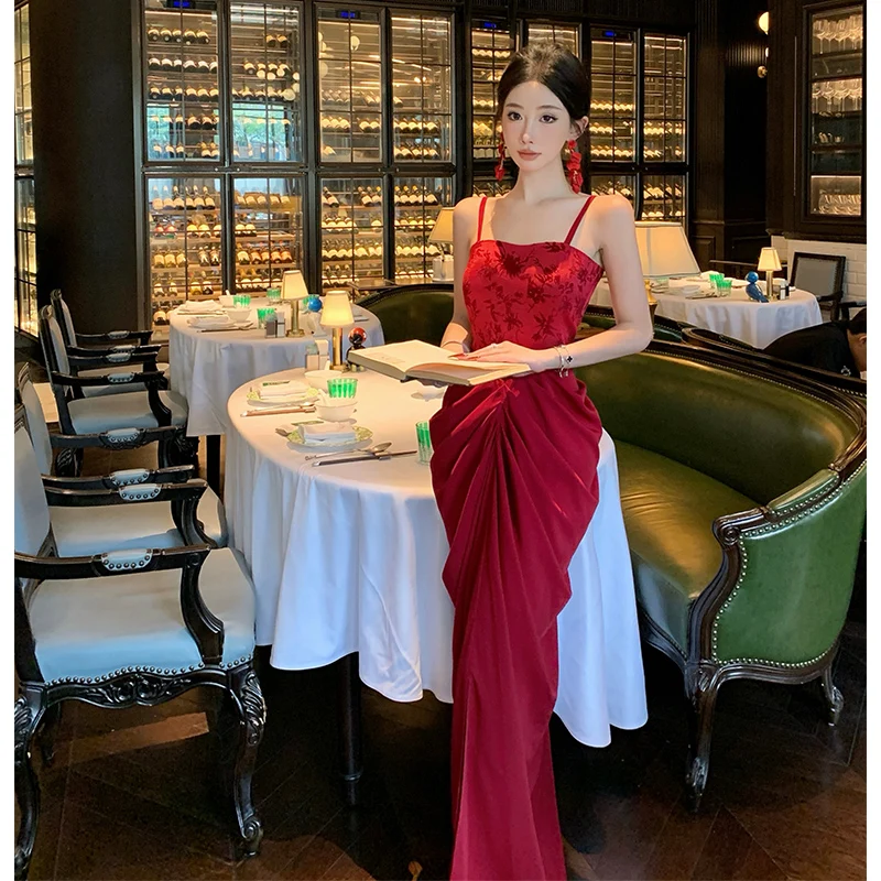 

Красное атласное длинное платье с цветочной вышивкой Dr, длинная юбка для свадебной церемонии, китайское новорочное бальное платье в стиле ретро