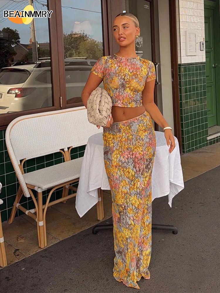 Women Printed Maxi Dresses Sets Elegant Summer Short Sleeves Tie-dye Females Long Robes Suits 2025 New Ladies Out Vocation Wear