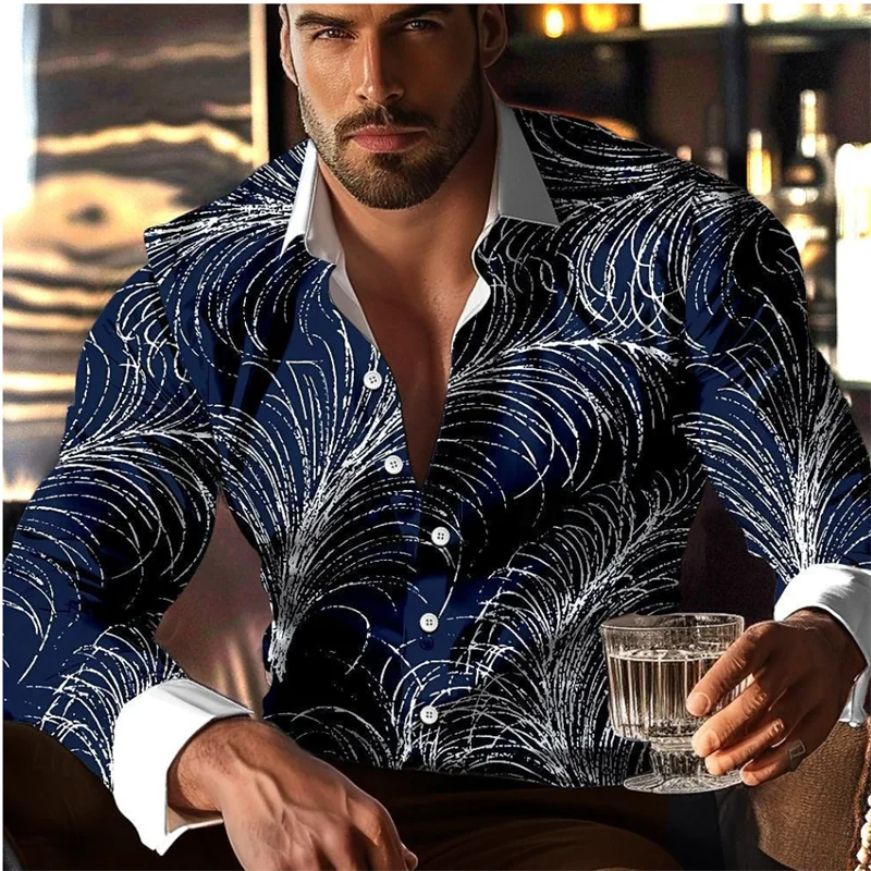 

Abstract Linear Business Casual Men's Printed Shirt Party Street Vacation Spring Summer Lapel Long Sleeve Violet Dark Blue 6XL