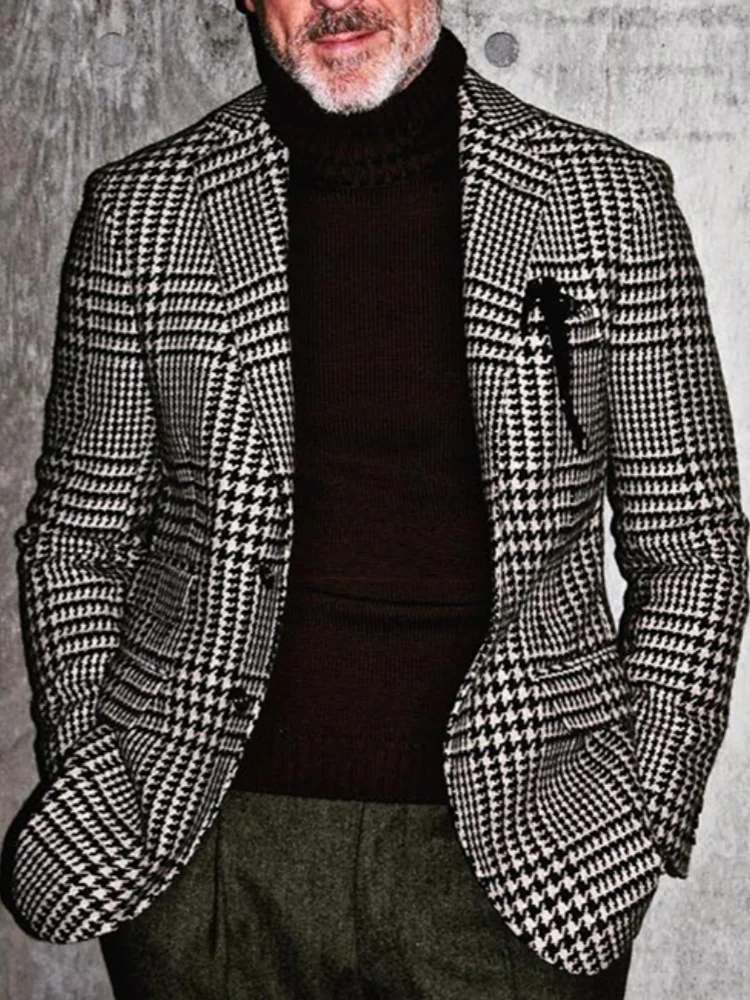 Men's Black White Houndstooth Business Blazer Single Breasted Notch Lapel Slim Fit Vintage Casual Wedding Party Suit Jacket