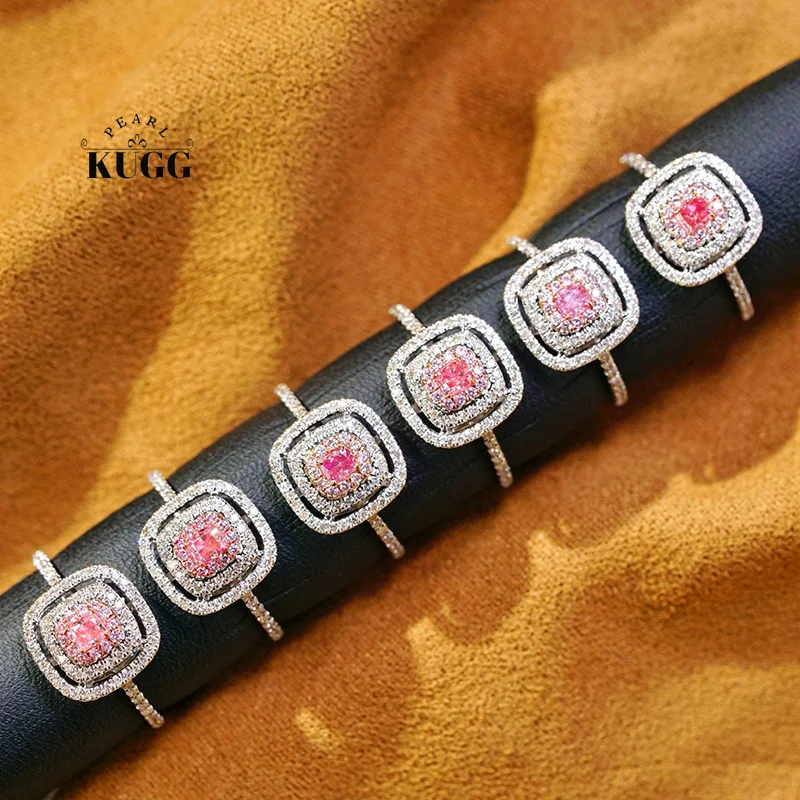 KUGG 100% 18K White Gold Rings Luxury Square Shape Real Natural Pink Diamond Engagement Ring for Women High Party Jewelry