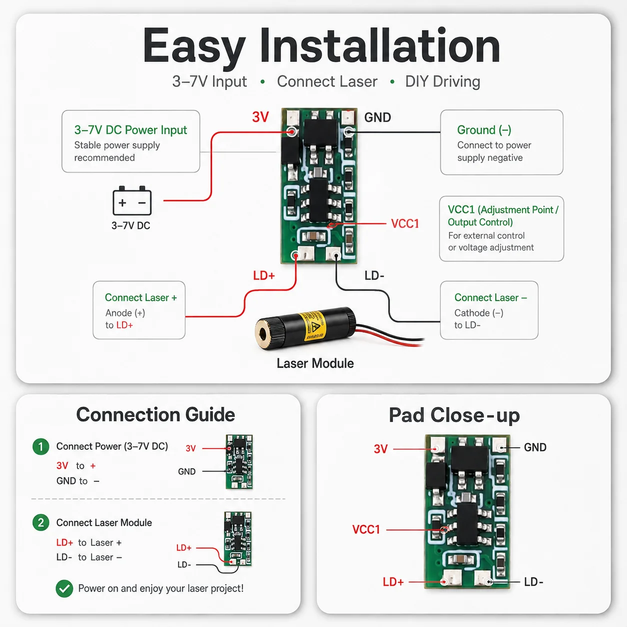 520nm Green Laser Module B Style Boost Driver Board 1-100mW 3-7V Input 7V Output for Tool Instruments Accessories Stage Lighting
