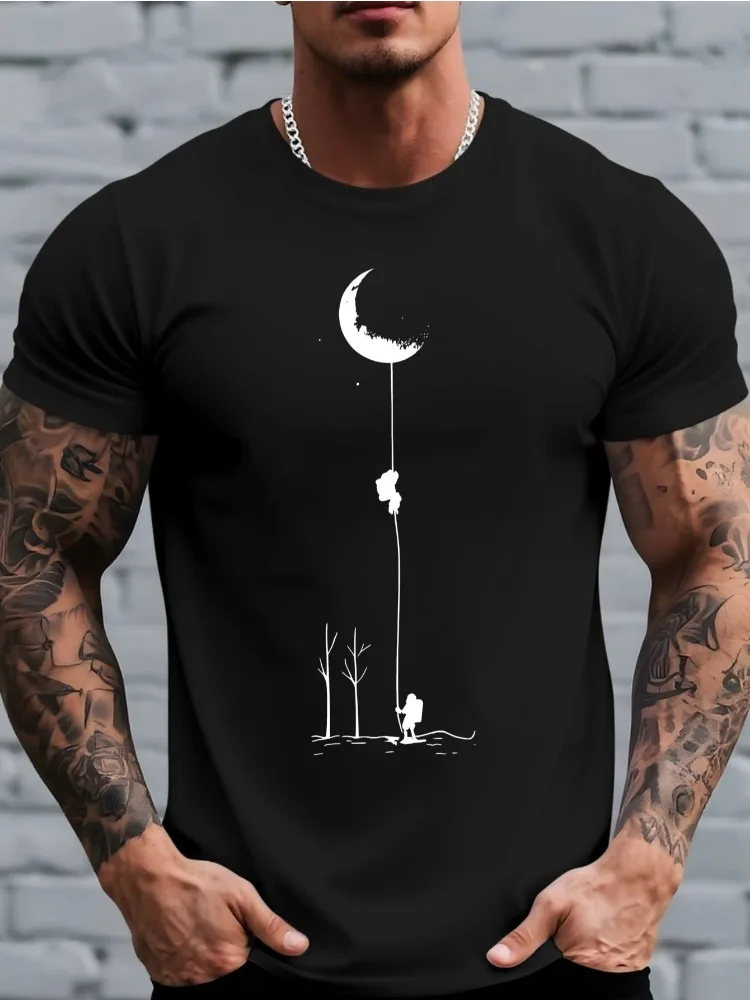 Outdoor Rock Climber Hanging From Crescent Moon Graphic Men O Neck Light Cotton Short Sleeve Minimal Nature Casual Daily Tops