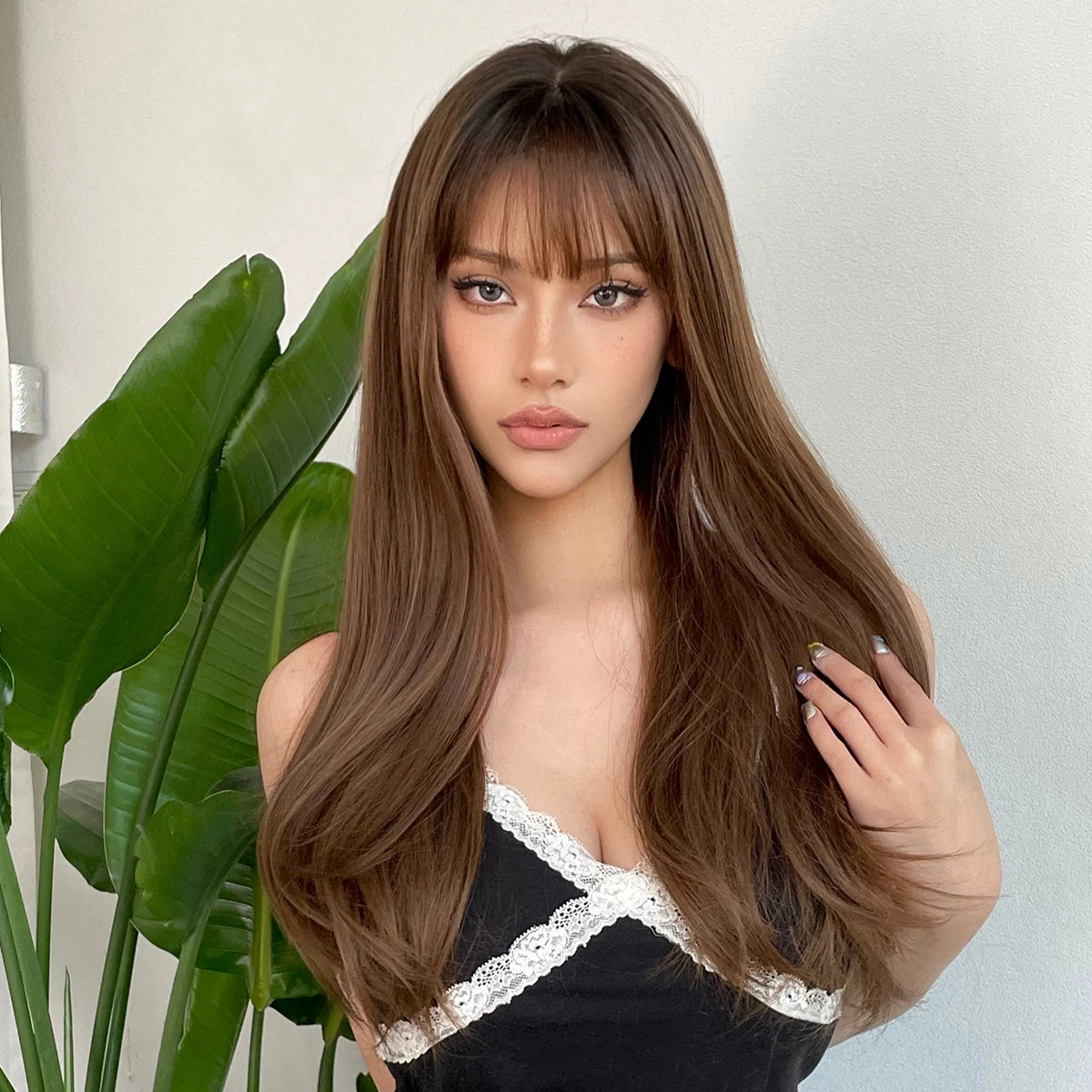 ALAN EATON Brown Long Natural Wave Wigs with Bangs Synthetic Ombre Brown Hair Wig High Temperature Fiber for Women Daily Costume