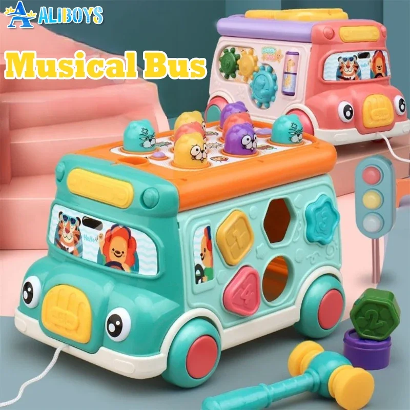 Cartoon Musical Bus Multifunctional Beating Game Shape Sorter Whack-a-Mole Game Montessori Educational Toy Music Instrument Gift