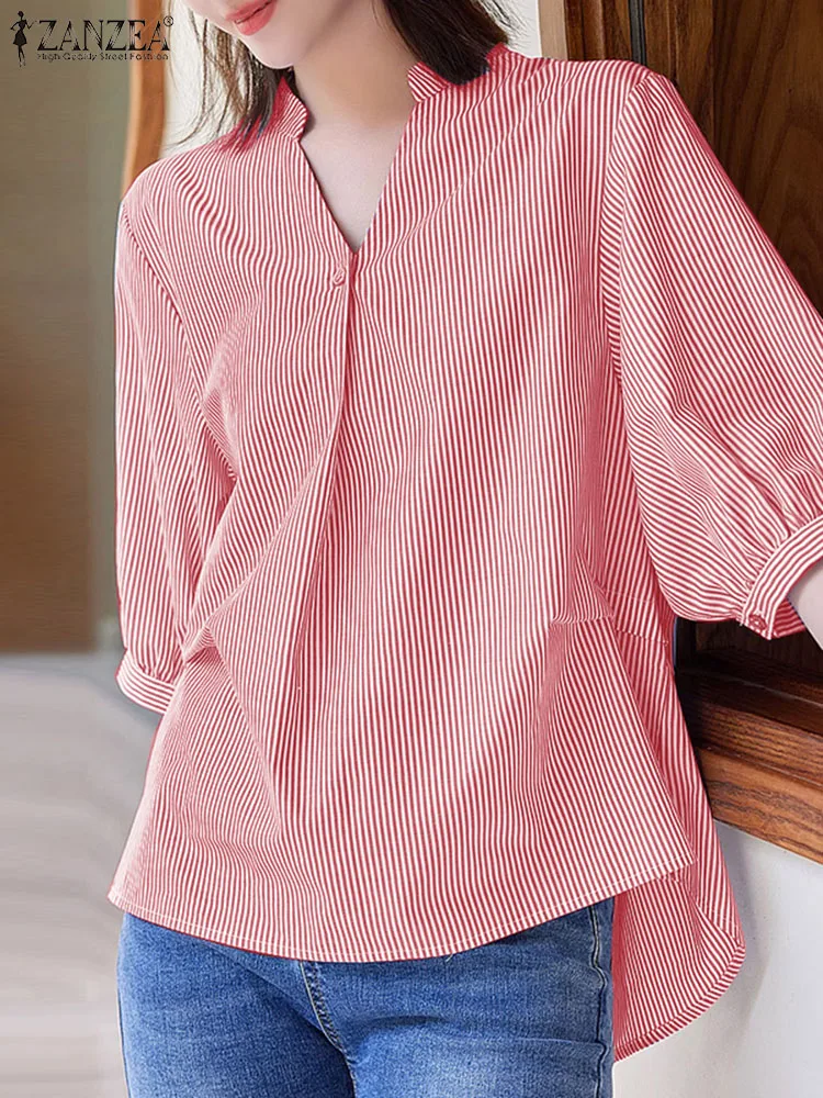 

ZANZEA Fashion Women Striped Blouse Summer Casual Elegant OL Work Tops Stylish Party Blusas Chemise V Neck Half Sleeve Shirt