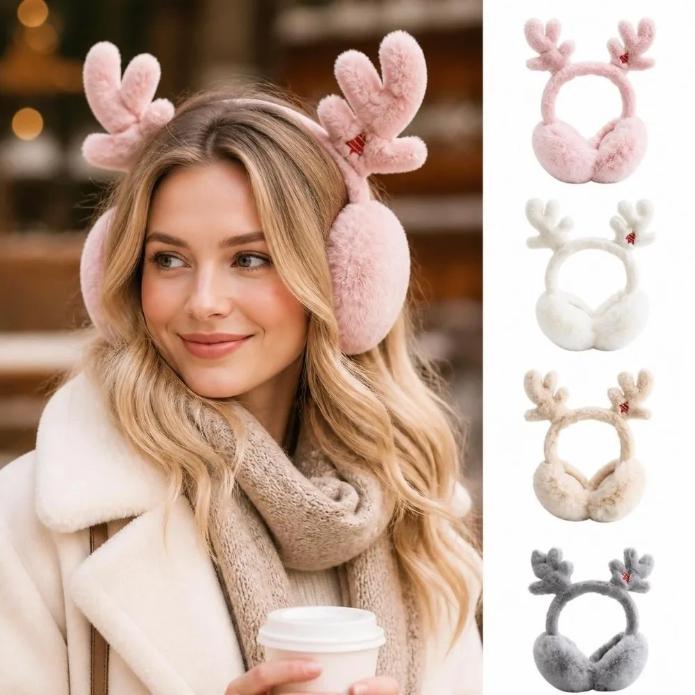 Foldable Design Reindeer Antler Earmuffs Fluffy Faux Fur Soft Material Thermal Earmuffs Portable Size Kawaii Antler Decor