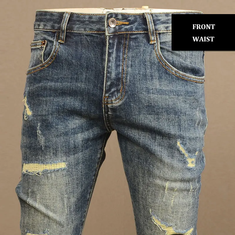 Fashion Streetwear Men Jeans Retro Blue Stretch Slim Fit Elastic Ripped Jeans Men Vintage Designer Denim Pencil Pants Hombre