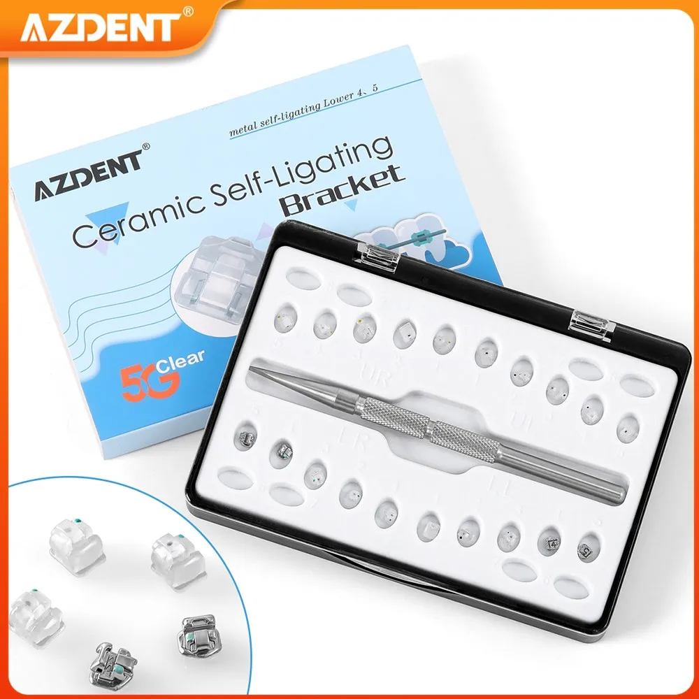 AZDENT Dental Bracket Ceramic Orthodontic Braces Clear Self-Ligating Passive Self-Locking Metal 4 & 5 Roth MBT 0.022 with Tool