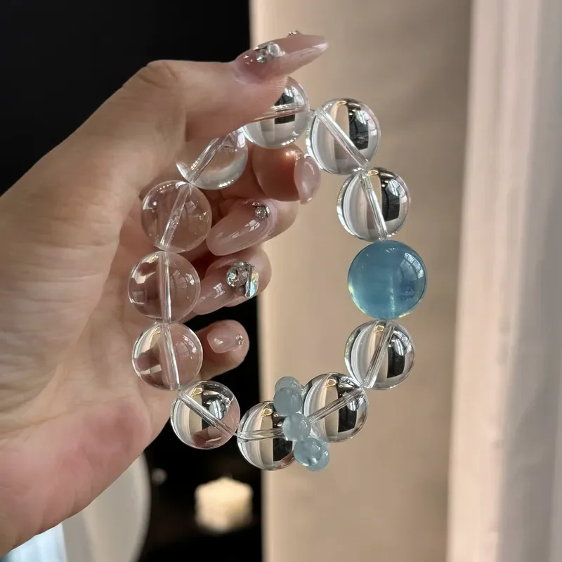 Natural large particle white crystal single ring bracelet with aquamarine transfer crystal ashore original versatile women's