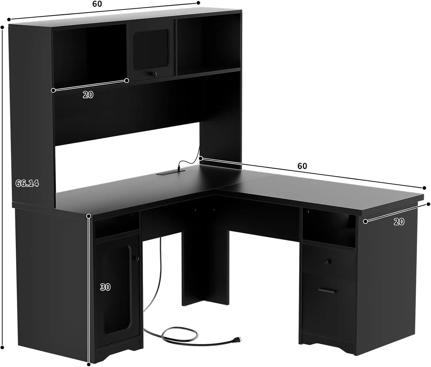 Unikito L-vormig bureau met hok, 60-inch computerbureau met stopcontact en LED-verlichting, groot modern hoekbureau met F