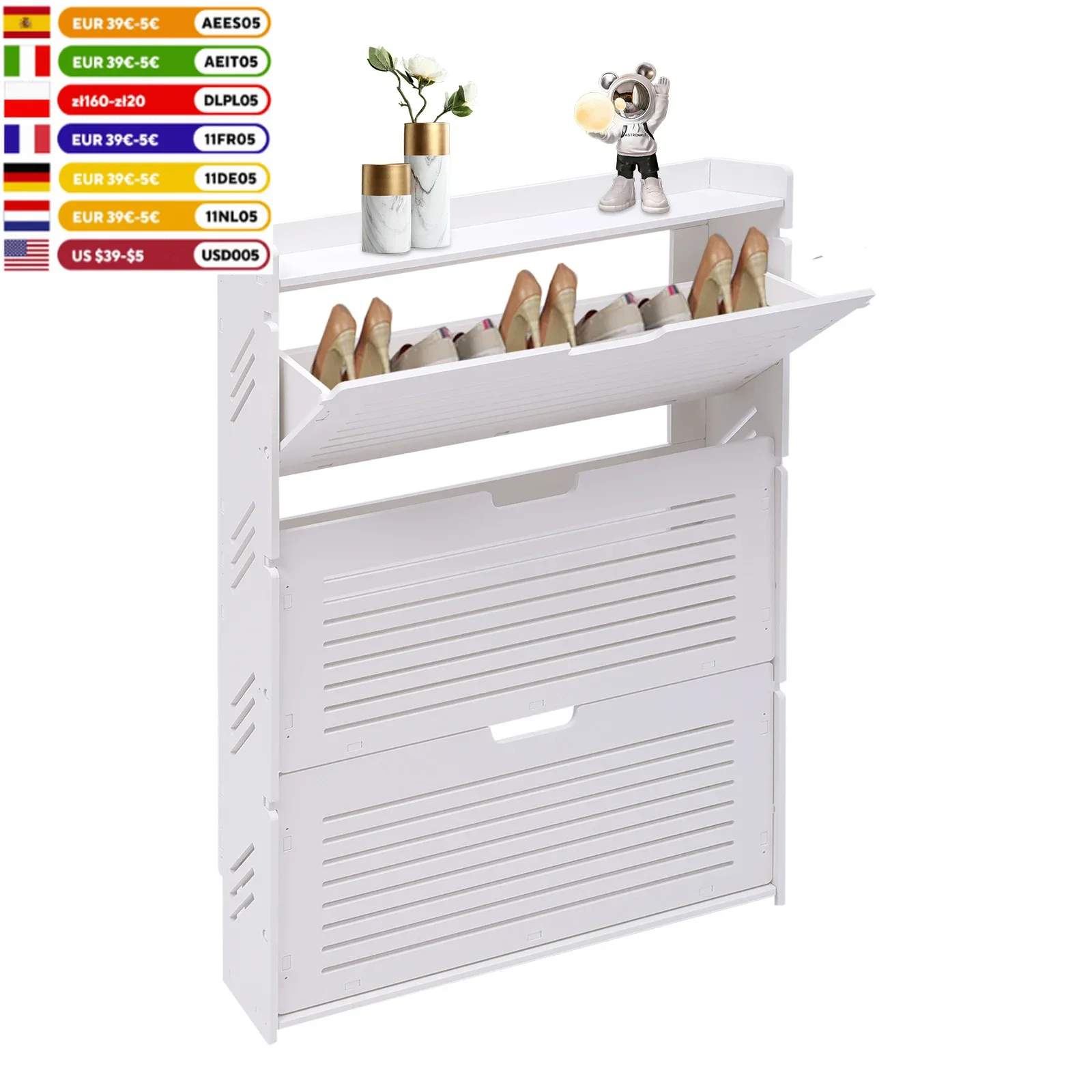 Freestanding White Flip-up Storage Cabinet Entryway Footwear Stand Space-Saving W/ Concealed Handle Drawers Dustproof Shoe Rack