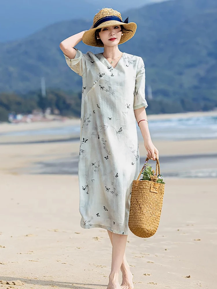 

Элегантное шелковое платье с V-образным вырезом и принтом, женское, класса люкс, в оригинальном китайском стиле, новинка 2025 года, художественное, темпераментное, миди-платье